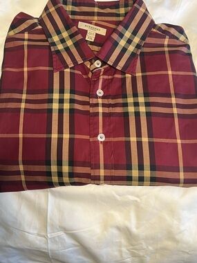 Burberry Men’s Red and Yellow Plaid Cotton Button-Down Shirt